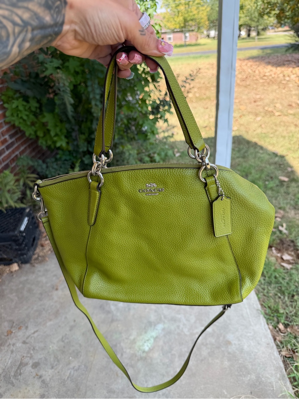 Coach Green mini Kelsey Pebbled Leather Shoulder Satchel